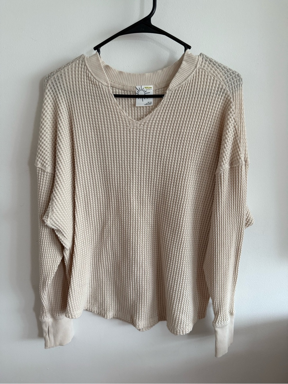 aerie Cream Waffle V-Neck Sweater